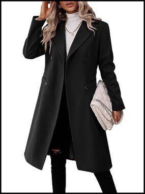 Women's Long Double Breasted Pea Coat Slim Fit Trench Outwear